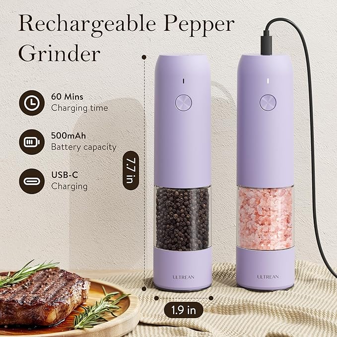 Ultrean Pepper Grinder, Rechargeable Salt and Pepper Grinder with 6 Adjustable Coarseness, LED Light, Automatic Salt and Pepper Shakers, Kitchen Gadgets, Gifts for Women, Lavender Purple