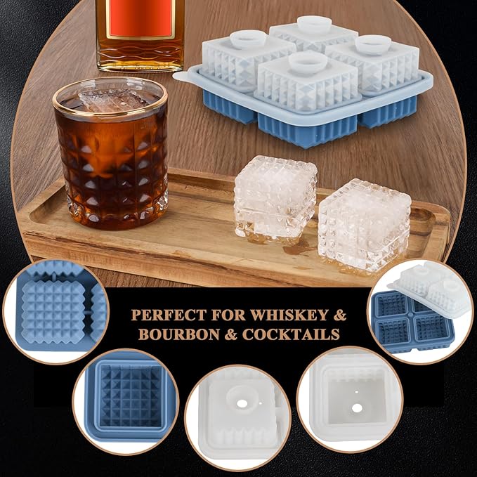 2-Inch Whiskey Ice Cubes Mold,Silicone Ice Cube Trays with Lid | Diamond Textured Large Square Ice Cube Mold,Bourbon Ice Cube Molds,Ice Trays-Ice Molds for Whiskey,Cocktails,Blue