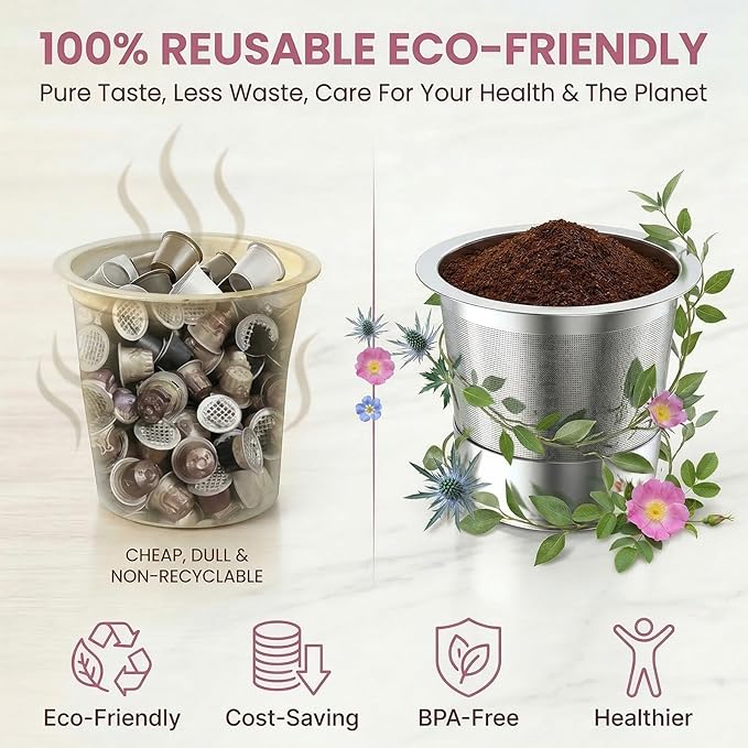 Reusable K Cups for K eurig 1.0 & 2.0 Coffee Makers, 1-Hole Stainless Steel Reusable Coffee Pods, Refillable K Cup Filter for K-Mini/Express/Classic/Elite, Leak Proof, BPA Free, Easy to Clean, 2 Pack