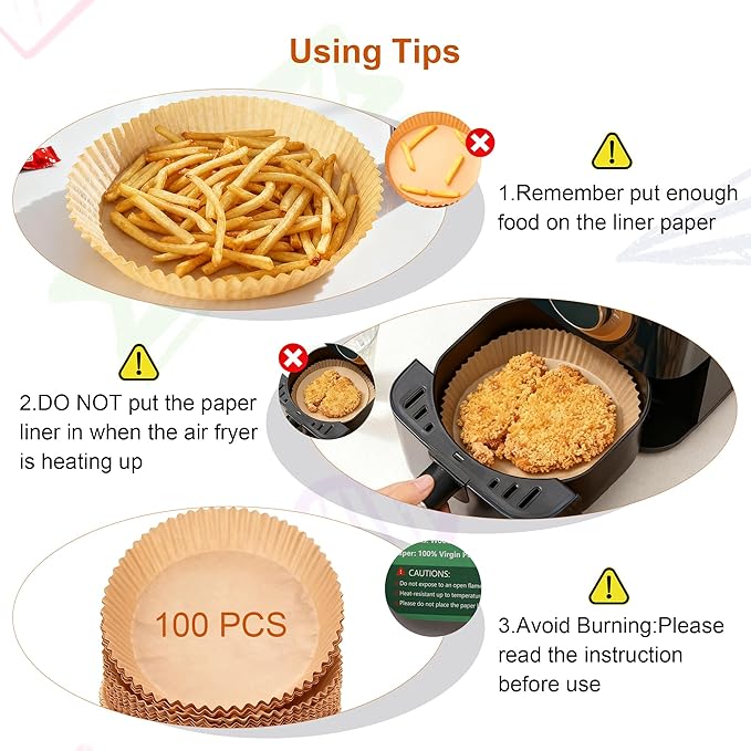 Air Fryer Liners, 100Pcs Round Parchment Paper, Cooking Non-Stick air fryer accessories, Frying Pan, Oil-proof Air Fryers for 2-4 QT Air Fryer Baking Roasting Microwave(6.5"Round)