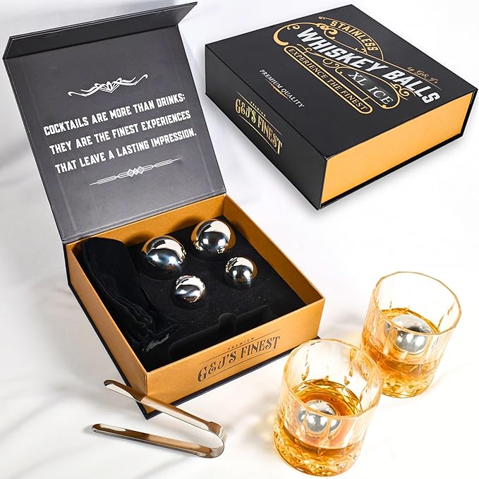 Gifts for Men, Dad, Husband - 4 Stainless Steel Whisky Ice Balls(2XL,2L), Tongs & Freezer Pouch in Luxury Gift Box for Bourbon|Scotch|Whiskey Lovers! (Not-Solid)