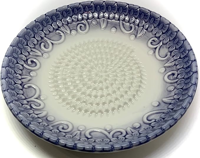 BonCera, All-in-one Premium Ceramic Garlic Grater Plate 4-Piece Set - Purple Embossed Design and Style - For Garlic, Ginger, Chocolate, and more! - Comes with 5.25" Plate, Peeler, Brush, and Stand