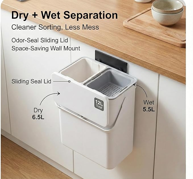 3.2 Galoon Kitchen Compost Bin with lid | Odorless Hanging Trash Can with Sliding Lid for Dry & Wet Waste – 12 L Wall-Mounted Garbage Can for Kitchen Cabinet. Under Sink Trash can for Office.