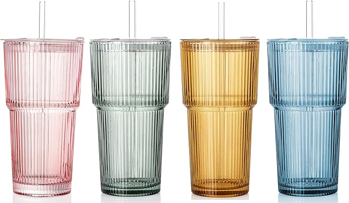 4PCS Colored Ribbed Glass Cups with Lids and Straws, 20oz Vintage Drinking Glasses, Aesthetic Iced Coffee Cups, Glass Tumbler for Boba, Beer, Tea, Cocktails, Ribbed Glassware Set,Colored