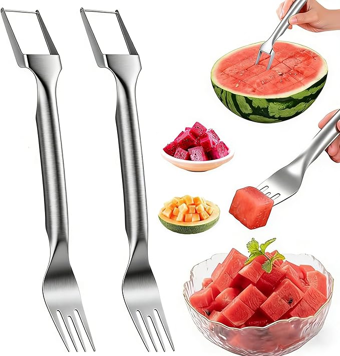 Watermelon Fork Slicer Cutter, 2PCS Stainless Steel 2-in-1 Watermelon Cutter, Portable Watermelon Fork Watermelon Cutter Slicer Tool Fruit Forks Slicer for Home Party Camping Kitchen Gadget