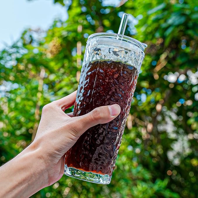 20oz Glass Tumblers with Lids and Straws - Stylish Vintage Ribbed Design for Iced Coffee, Juice, Smoothies, Milkshakes, Cold Beverages & Whiskey Cocktail Beer (Pure Bark - Texture)