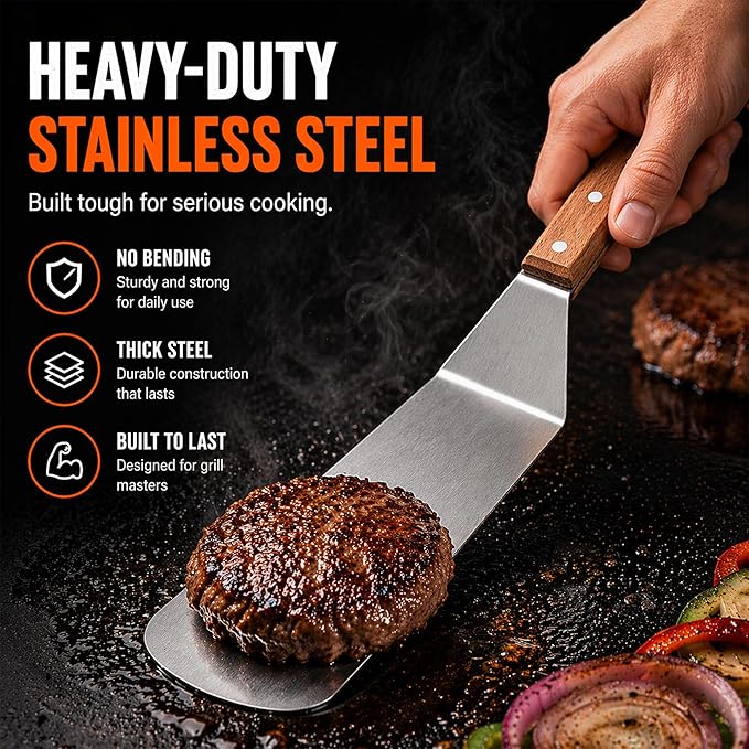 Medium Grill Spatula – Metal Spatula with Wooden Handle & Beveled Edges, Heavy Duty Flat Top Turner for Skillets, Griddles & Grills, Smash Burger Flipper, Stainless Steel Cooking Tool (Style 05)
