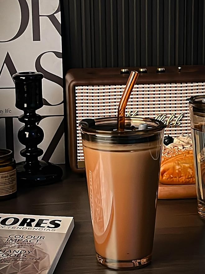 Olvini 15oz Glass Tumbler with Straw and Lid, Cute Iced Coffee Cups, Aesthetic Glass Cups, Coffee Tumbler, Water Cup, Matcha Cup, Drinking Glasses (Amber)