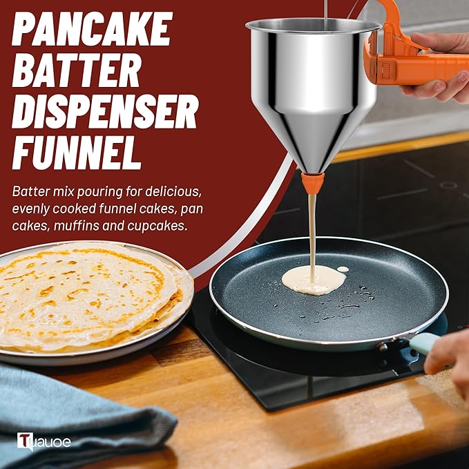 Stainless Steel Pancake Batter Dispenser, 40oz Batter Dispenser with Squeeze Handle, Great for Pancakes, Cupcake, Waffle or Any Baked Goods, Durable, Leak-Free, Cosmic Orange