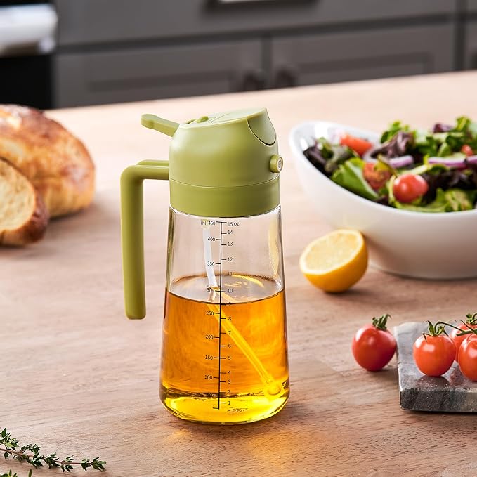 FineDine 16oz Olive Oil Sprayer for Cooking, 2 in 1 Olive Oil Dispenser Bottle for Kitchen, Air Fryer, Salad, BBQ & Baking – Dual Spray Mist & Stream, with Measurement Marks, Green