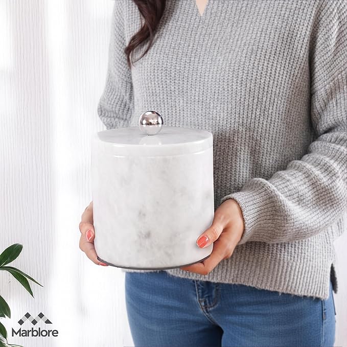 Ice Bucket Marble with Lid 6 Inch White Stone Ice Bucket for Parties, Wine & Champagne Chiller, Small Ice Bucket for Home Bar, Drink Cooler, Freezer Ice Bin & Hosting Party Essentials