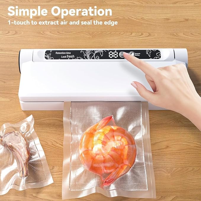 Compact Food Vacuum Sealer Machine - 75KPA Suction Power, LED Digital Timer Display, Dry and Moist Food Modes, Space-Saving Kitchen Gadget for Storage and Sous Vide Prep, Includes 20 Bags (White)