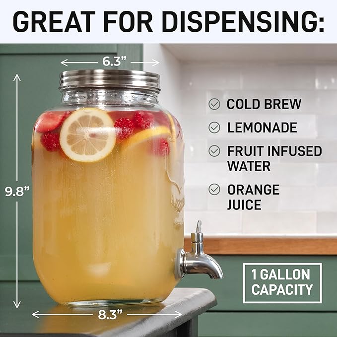 Zulay 1 Gallon Glass Drink Dispenser for Parties – with Spout Lid and Stainless Steel Filter – Leak-Resistant Beverage Dispenser for Events – Lemonade Iced & Sun Tea Infused Water & Juice Dispenser