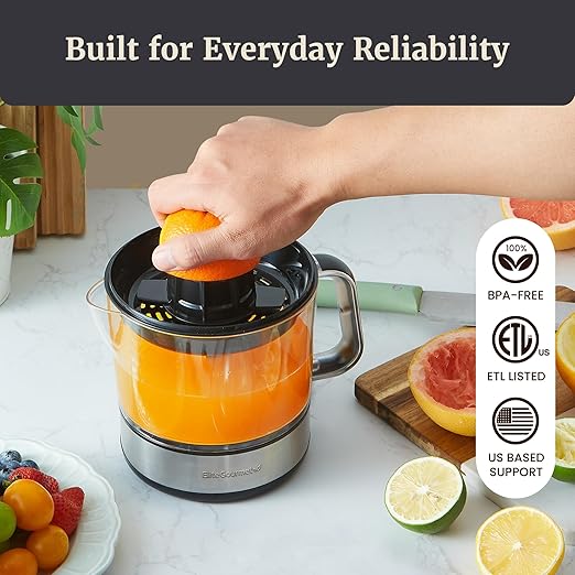 Elite Gourmet ETS326 BPA-Free 40-Watt Electric Citrus Juicer, Compact, Large Volume, Pulp Control, Oranges, Lemons, Limes, Grapefruits with Easy Pour Spout, 24oz, Black/Stainless Steel