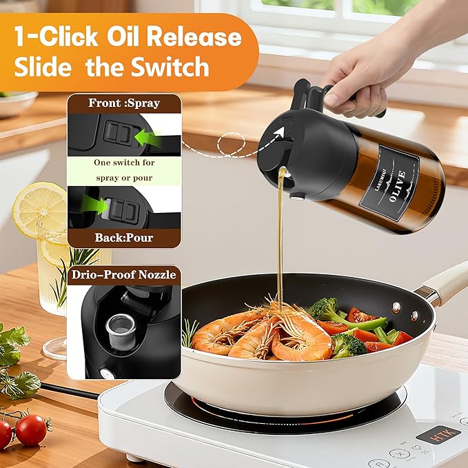 OURCABECUE 2 in 1 Olive Oil Sprayer for Cooking, 16oz Olive Oil Dispenser Bottle for Kitchen, Light-Blocking Dark Glass Oil Bottle, Food-Grade Oil Mister with 8 Oil Stickers (Amber Bottle-Black Cap)