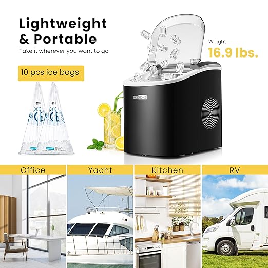 VIVOHOME Electric Portable Compact Countertop Automatic Ice Cube Maker Machine with Hand Scoop 10 Ice Bags and Self Cleaning Function 27lbs/Day Black