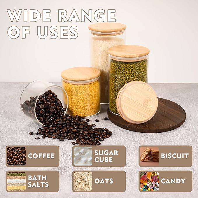 2PCS Glass Storage Jars with Airtight Lids,32 fl oz (950ml) Cute Clear Storage container with bamboo Lid,Glass Pantry Canister for Beans, Rice,Sugar,Cookie Coffee (N-Clear-2PCS-32FL OZ/950ML)