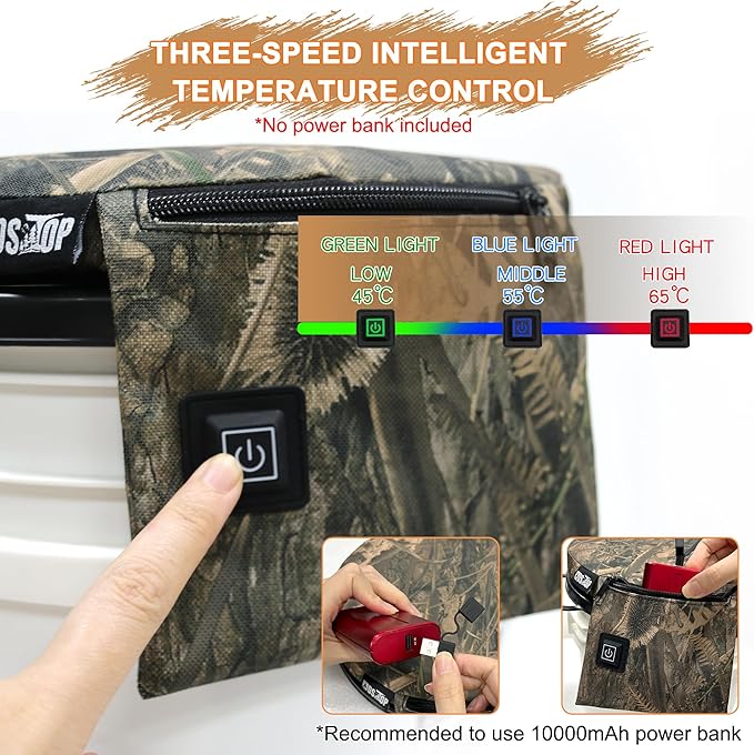 MDSTOP Heated 5 Gallon Bucket Seat, 360-Degree Swivel Bucket Seat Lid, Waterproof Top Seat Foam Cushion for Dove Duck Hunting, Ice Fishing, Baseball, Gardening, Camping（No Power Bank）
