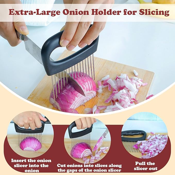 Hendiy Extra-Large Onion Holder for Slicing, Tomato Slicer with 16 Long Needles, Stainless Steel Onion Cutter Vegetable Chopper, Extra-Large Tomato Potato Slicer, Meat Tenderizer, Food Slicing Guide