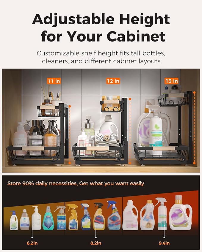 Sevenblue 3 Pack Under Sink Organizer, Height Adjustable 2 Tier Pull-Out Metal Under Kitchen Sink Organizer, Multi-Purpose Storage Shelves for Kitchen Bathroom Cabinet