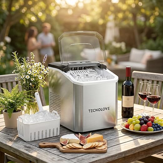 Countertop Ice Maker, 9 Ice Cubes in 10 Minutes, Self-Cleaning Portable Ice Machine with Scoop and Basket, 28lbs/24H, Ultra Quiet Stainless Steel for Home Kitchen Bar Party