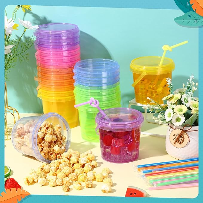 Funnymoom 48 Pack 25 oz Plastic Rum Buckets Bulks for Drinks with Straws Reusable Ice Cream Cocktail Cups Neon Party Bucket with Lids Handles Food Containers Cup for Summer Beach Bar Beer