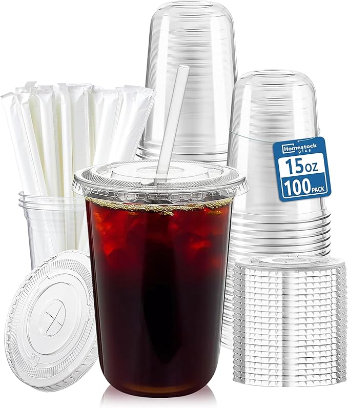 Homestockplus 15 oz Clear PET Plastic Cups with Lids and Straws - 100 Pack Leak-Proof Disposable Plastic Coffee Cups Iced Coffee Cups for Smoothies, Bubble Tea & To-Go Cold Drinks