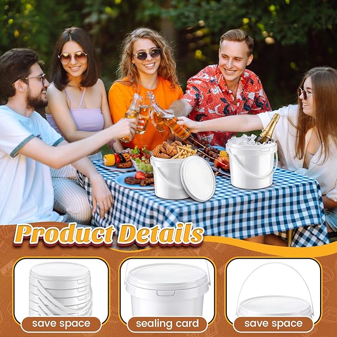Funnymoom 20 Pack 48 oz White Buckets with Lid Plastic Ice Cream Buckets with Lid and Handle Ice Cream Tub Food Storage Containers Round Plastic Pails Freezer and Microwave Safe for Food