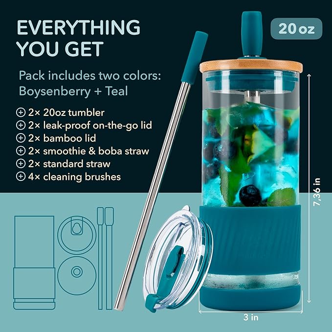 Pandaloo® Glass Cups With Lids and Straws -20 Fl Oz- Perfect Size Iced Coffee Cup - Smoothie Cup With Bamboo Lid and On the go Lid - Glass Tumbler (2 Count (Pack of 1), Boysenberry-Intense Teal)