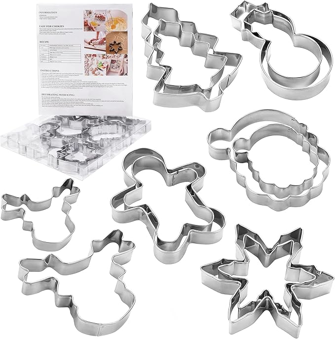 Large Christmas Cookie Cutters, 4" Holiday Sturdy Molds – Thickened Stainless Steel with Recipe Instruction – Snowman, Tree, Elk, Snowflake, Santa, Gingerbread – for Cookies, Sandwiches, Cake, Fruit