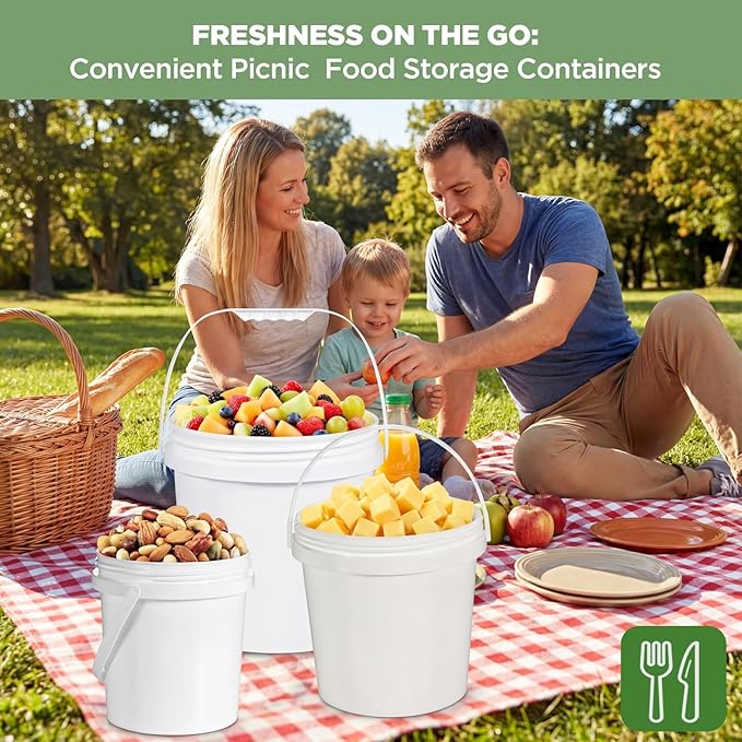4 Pack 64oz Plastic Buckets with Screw Lids & Handle, Food Grade Storage Containers for Kitchen, Freezer - Reusable White Plastic Bucket Set