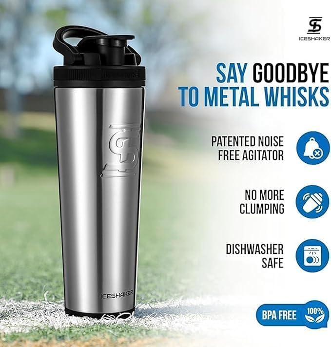 Ice Shaker Insulated Stainless Steel Shaker Bottle | 32oz, Stainless Steel | Cold for 30+ Hours | Insulated Cup with Twist-on Agitator | Odor-Free Bottle for Protein Shakes,Water, Smoothies,Cocktails
