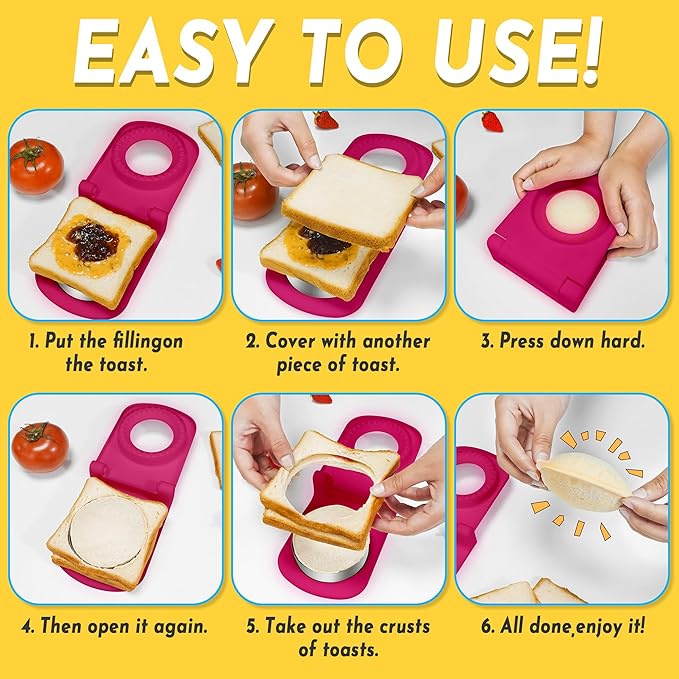 HiYZ Sandwich Cutter and Sealer - Stainless Steel Decruster Sandwich Maker - Peanut Butter and Jelly Crustless Sandwich Bread Pancake Maker Cookie Cutter for Kids Children Boys Girls-Pink Fruit Picks