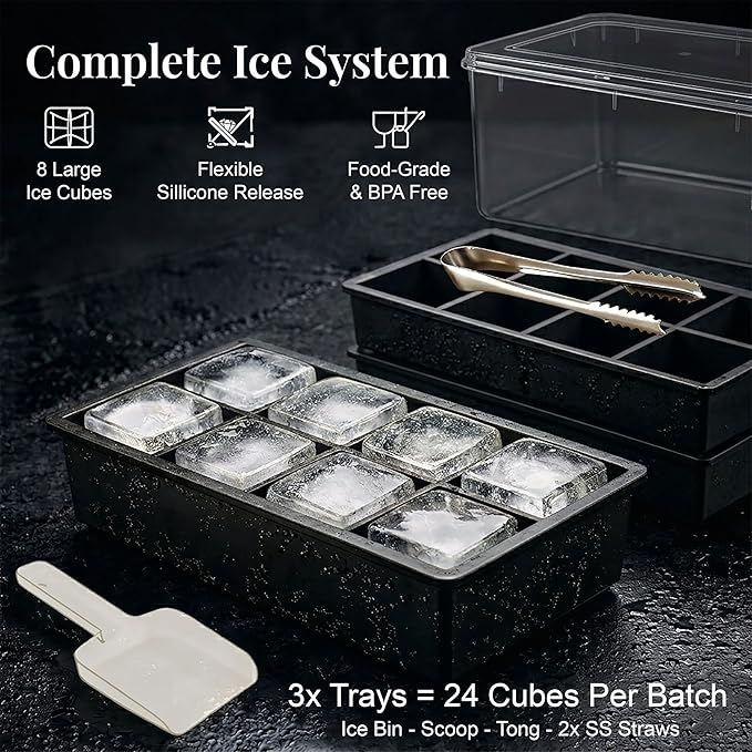 Large Silicone Ice Cube Tray - 3 Pack Trays for 8 Square Cubes with Large Bin, Scoop, Tong & 2 SS Straws - Easy Release Ice Mold for Whiskey, Cocktails, Coffee (Black)