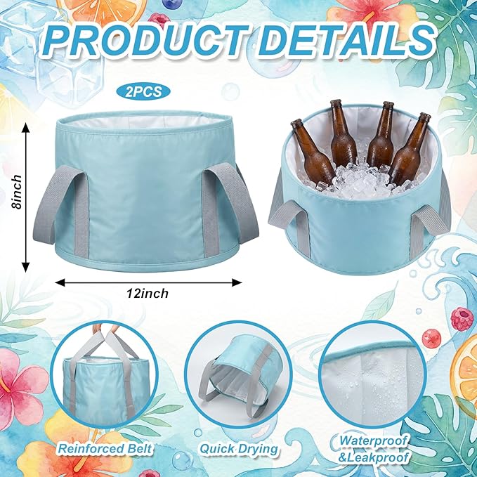 Reallnaive 2 Pcs Cooling Ice Bucket for Parties 15L Large Folding Cooler Capacity Foldable Ice Bucket with Storage Bag for Summer Party Keeping Drinks Tube for Cold or Warm for Camping Beach(Blue)