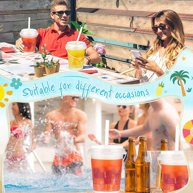 Funnymoom 30 Set 34oz Disposable Plastic Drink Buckets with Lids and Straws Frosted Iced Coffee Cups Rum Buckets for Cocktail Parties Smoothie Cup Bulk with Handles for Beach Pool Party Supplies