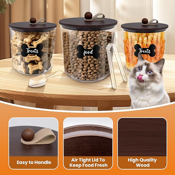 HOYTAMDAR 3 Pack Airtight Dog Food Storage Container, Dog Treat Container Dog Food Container with Wood Lids 8x7''&6x5'',Pet Food Storage Container,Cat Food Containers with Scoops,Clamp,Labels,Pens