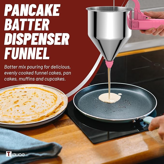 Stainless Steel Pancake Batter Dispenser, 40oz Batter Dispenser with Squeeze Handle, Great for Pancakes, Cupcake, Waffle or Any Baked Goods, Durable, Leak-Free, Paradise Pink