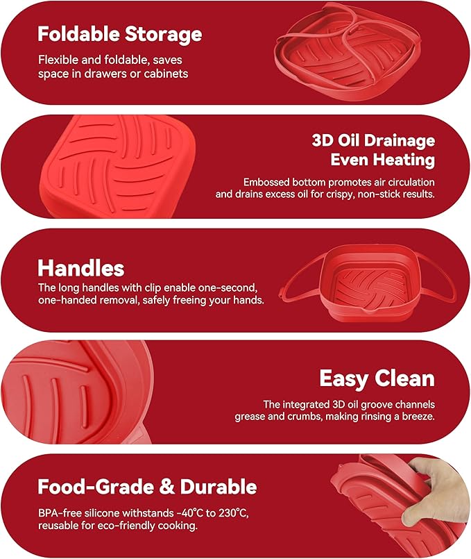 Silicone Air Fryer Liners with Handles: 8.3 Inch Square Reusable Airfryer Basket Liner for 3.5-5 Qt - Baking Tray Insert Cooking Air Fryer Accessories for Cosori Philips Ninja Instant Vortex Red