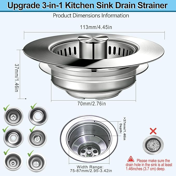 3-in-1 Kitchen Sink Drain Strainer Stopper, Upgraded Stainless Steel Sink Plug with Anti-Clog Filter Basket, Fits Standard 3-1/2 Inch Drain Hole, Pop Up Garbage Disposal Cover Food Catcher