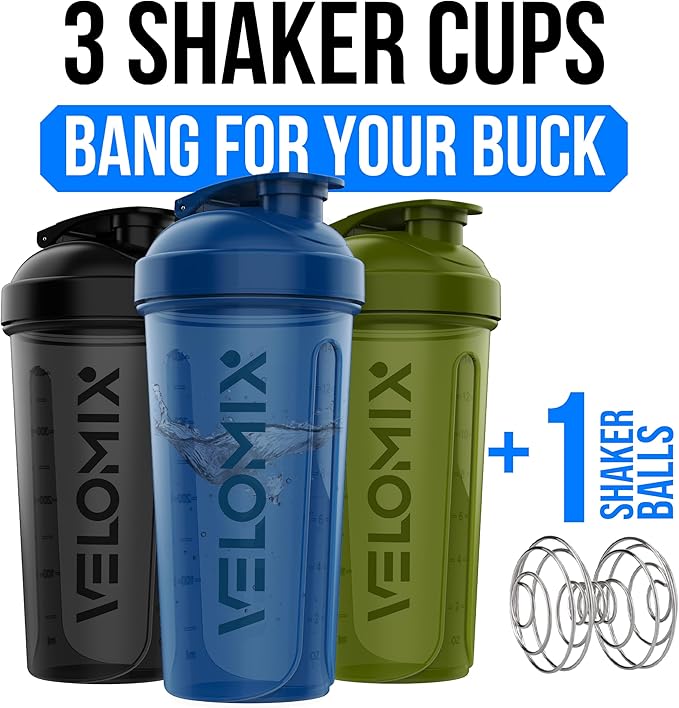 VELOMIX -3 PACK- 18 oz Protein Shaker Bottle for Protein Mixes - 1x Wire Whisk | Leak Proof Shaker Cups for Protein Shakes | Stackable Protein Shaker Bottle Pack | Dishwasher Safe