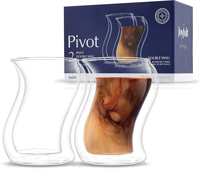 JoyJolt Pivot Double Insulated Cocktail Glasses - Set of 2 Unique 8 oz Double Wall Tumbler - Engaging Optical Effect Double Wall Glass - Suitable for Tea, Cappuccino, Coffee, or Iced Beverages