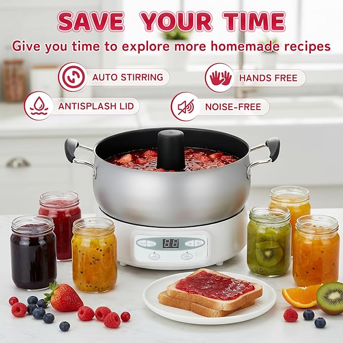 Automatic Jam and Jelly Maker 1000W, Electric Jam Jelly & Sauce Machine 2L Per Batch (≈4 x 16OZ), Electric Pot Stirrer Machine Non-Stick Self Stirring Pot BPA-Free, Replace Ball Fresh Jam Maker