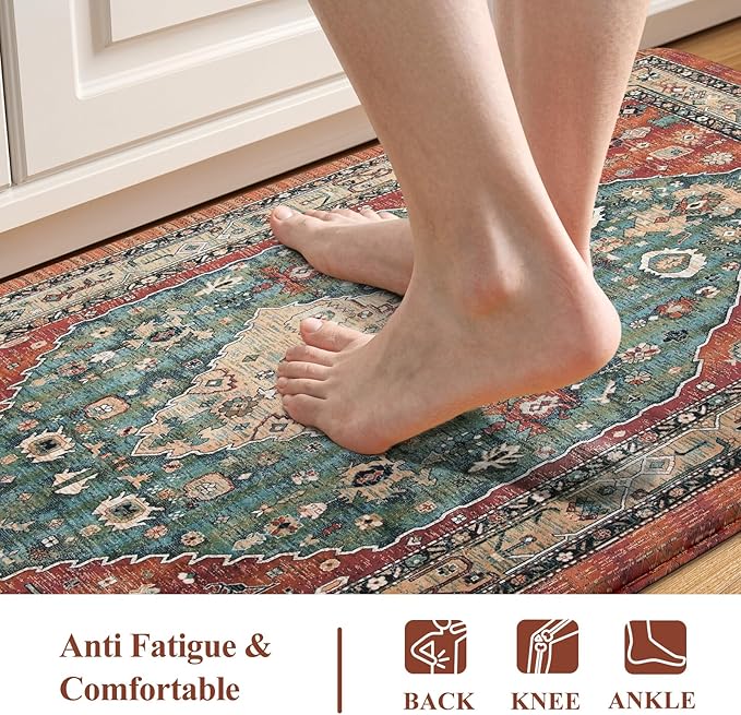 Collive Boho Kitchen Mats 2PCS, Cushioned Kitchen Mat for Floor Anti Fatigue Waterproof Kitchens Rugs Set of 2, Non Skid Comfort Standing Rug for Office, Sink, Laundry, 17.3"x29"+17.3"x47"