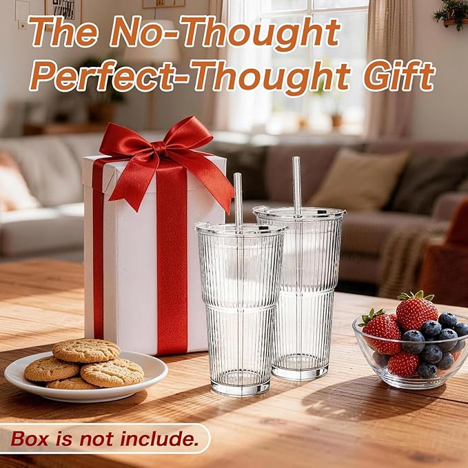 20oz Glass Tumblers with Lids and Straws, Set of 4, Reusable Iced Coffee Cups, Vintage Drinking Glasses, Ribbed Glassware for Cocktail Beer, Juice, Home, Office, Party Gifts, Dishwasher Safe