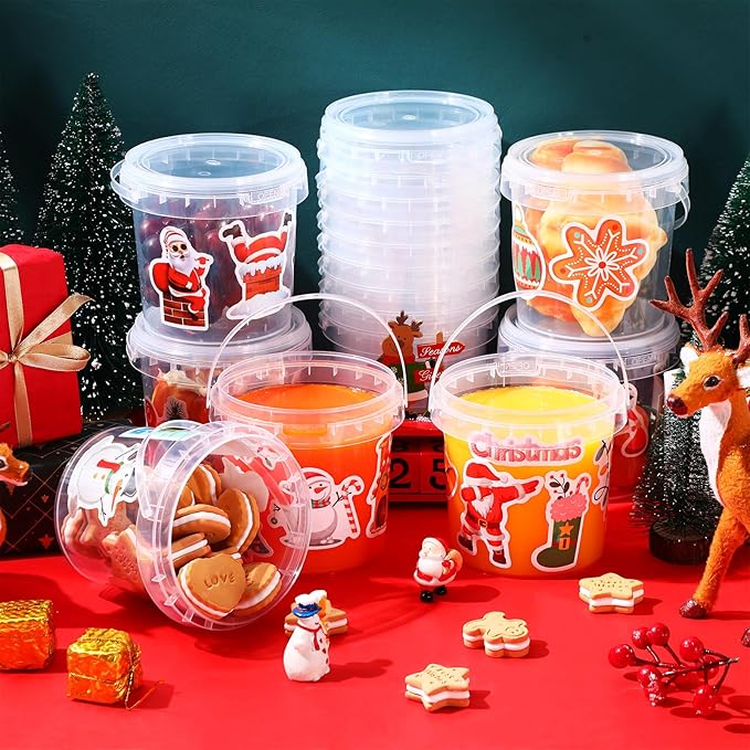 PerKoop 20 Pcs 32 oz Ice Cream Buckets with Lids and Handles Clear Cocktail Rum Buckets with Stickers Plastic Transparent Tub Reusable Food Storage Containers for Parties(Santa)