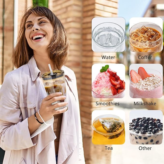 15oz 2 Pcs Glass Iced Coffee Cup with Lid Straw Thick Leak Proof Drinking Glasses Tumbler for Gift Cold Drink Smoothie Boba Tea(Amber*2)