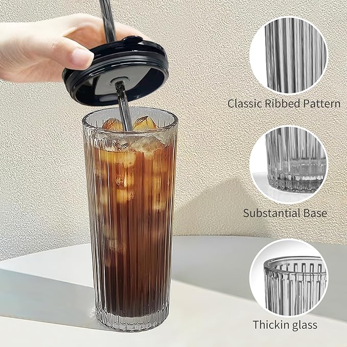Puraville 2 Pack 18oz Glass Cups with Lids and Straws, Vintage Ribbed Striped Glacier Pattern Thickened Glassware for Whiskey Cocktail Beer, Mason Jar Drinking Glasses Tumbler Iced Coffee Cup, Black