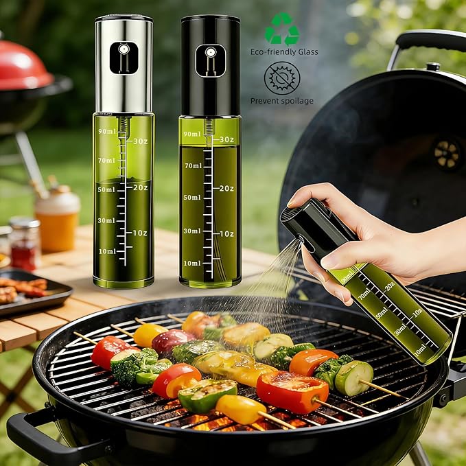 Cooking Oil Spray Bottle, Olive Oil and Avocado Oil Spray Bottle, 100ml Olive Oil Spray Bottle, Kitchen Tools, Air Fryer, Salad, Frying, Grilling (light-blocking glass)-Silver+Black