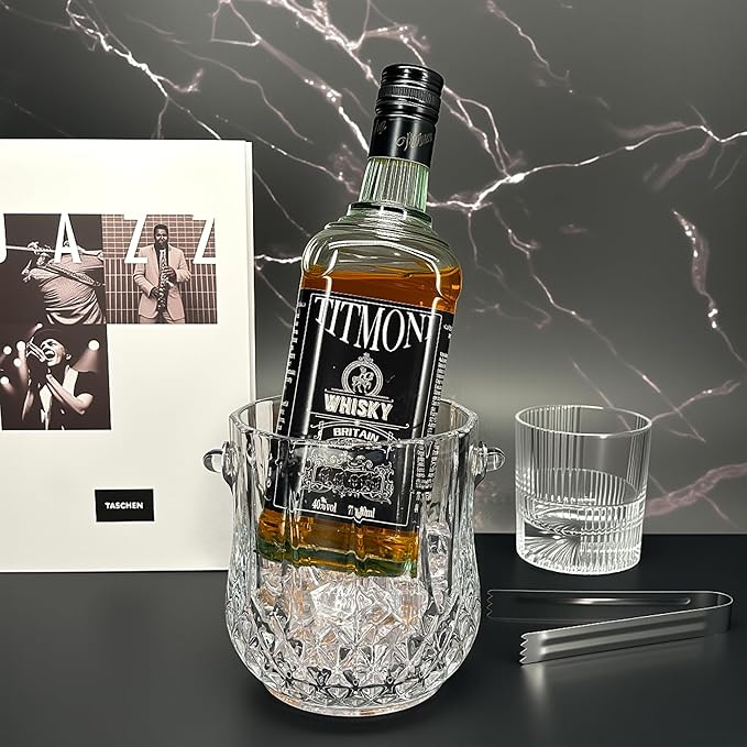 Lily's Home 1000ml -4.62" L x 4.62" W x 8.5" H - Glass Ice Bucket with Handle and Stainless Steel Tongs, Sparkling Ice Buckets, for Party,Wine Home Bar, Beer, Champagne, Cocktail Bar, Mini & Portable